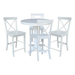 36 in Round Counter Height Dining Table with 12 in Leaf Pcs in White - 5 Pcs Set
