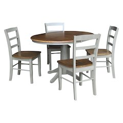 Set of 5 pcs - 36" Round Extension Dining table with 4 RTA chairs, Distressed Hickory/Stone