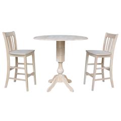 42" Round Pedestal Bar Height Table with Two Bar Height Stools, Unfinished, Ready to finish