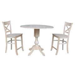 42" Round Pedestal Gathering Height Table with Two Counter Height Stools, Unfinished, Ready to finish