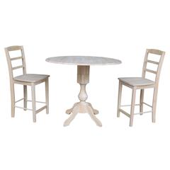 42" Round Pedestal Gathering Height Table with Two Counter Height Stools, Unfinished, Ready to finish