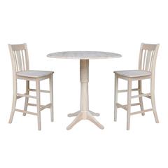 42" Round Pedestal Bar Height Table with Two Bar Height Stools, Unfinished, Ready to finish