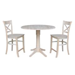 42" Round Pedestal Gathering Height Table with Two Counter Height Stools, Unfinished, Ready to finish