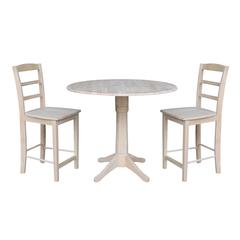 42" Round Pedestal Gathering Height Table with Two Counter Height Stools, Unfinished, Ready to finish