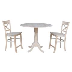 42" Round Pedestal Gathering Height Table with Two Counter Height Stools, Unfinished, Ready to finish