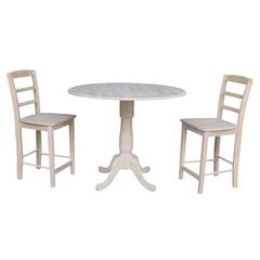 42" Round Pedestal Gathering Height Table with Two Counter Height Stools, Unfinished, Ready to finish