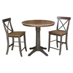 36" Round Pedestal Gathering Height Table With 2 X-Back Counter Height Stools