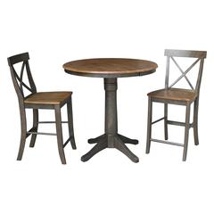 Set of 3 pcs - 36" Round Extension Dining table with 2 x-back counterheight stools