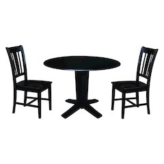42 in Round Drop Leaf Pedestal Table with 2 Dining Chairs in Black - 3 Piece Set