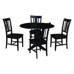 42 in Round Drop Leaf Pedestal Table with 4 Dining Chairs in Black - 5 Piece Set