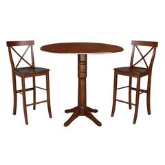 42" Round Pedestal Bar Height Table with Two Bar Height Stools, Espresso