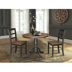 36" Round Extension Dining Table with Leaf and 2 Madrid Ladderback Chairs - 3 Piece Dining Set, Hickory/Washed coal