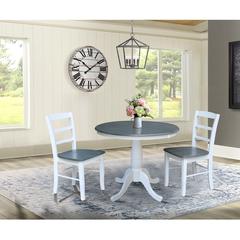 36" Round Extension Dining Table with 2 Madrid Ladderback Chairs - 3 Piece Dining Set, White/Heather Gray