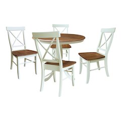 36" Round Top Pedestal Extension Table With 12" Leaf wnd 4 X-Back Dining Chairs