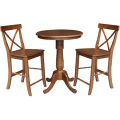 30" Round Pedestal Gathering Height Table with 2 X-Back Counter Height Stools
