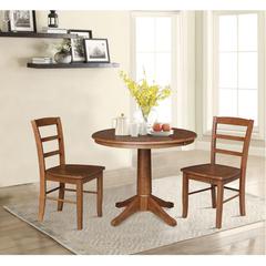 36" Round Extension Dining Table with Leaf and 2 Madrid Ladderback Chairs - 3 Piece Dining Set, Distressed Oak
