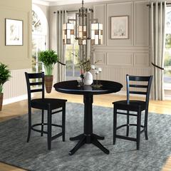 36" Round Counter Height Extension Dining Table with 12" Leaf and 2 Emily Counter Height Stools - 3 Piece Set, Black