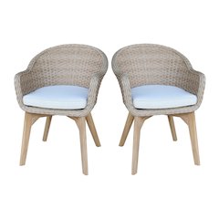 Outdoor Set of Two Wicker Dining Chairs with Cusions, Natural