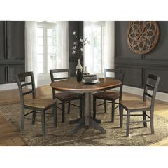 36" Round Extension Dining Table with Leaf and 4 Madrid Ladderback Chairs - Five Piece Dining Set, Hickory/Washed coal