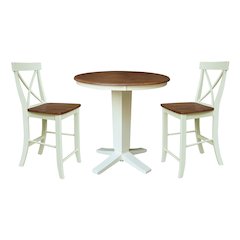 36" Solid Wood Round Top Pedestal Dining Table with 2 Counter Height Stools