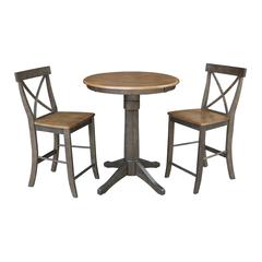 30" Round Pedestal Gathering Height Table With 2 X-Back Counter Height Stools