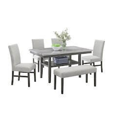 Selena 6-Piece 60" Rectangular Gray Faux Marble Dining Set with 4 Chairs & Bench
