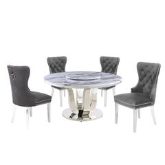 White Marble Round 5 piece Dining Set Ring Chairs in Dark Gray Velvet - Lazy Susan