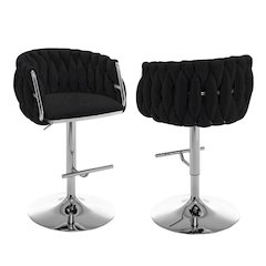 Velvet Upholstered barstool in Black fabric with a gold color base (SET OF 2)