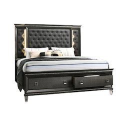Panel Bed with Tufted Buttons and  Backlit Backboard with 2 Footboard Drawers and Jewel Strip on Footboard and Headboard