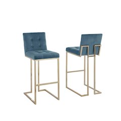 29" Tufted Velvet Upholstered Bar Stool in Teal Blue (Set of 2)