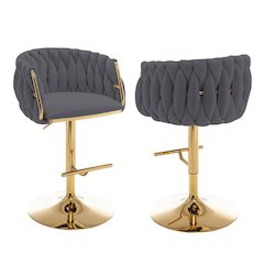 Velvet barstool in Dark grey fabric with a gold color base (SET OF 2)