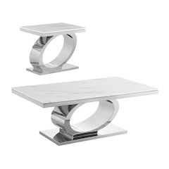 2pc White marble coffee table set with silver base (1 Coffee+ 1 End table)