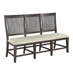 Rustic brown big side bench with wood back and beige linen fabric
