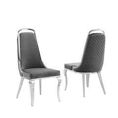 Dark Grey velvet high back chair with silver chrome trim, set of 2