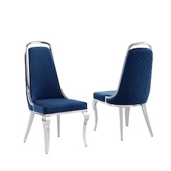 Navy blue velvet high back chair with silver chrome trim, set of 2