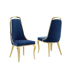 Navy blue velvet high back chair with gold chrome trim, set of 2