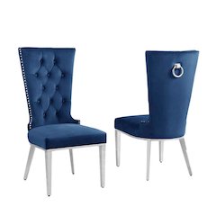Navy Blue velvet side chair with silver stainless steel base (SET OF 2)