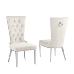 Cream velvet side chair with silver stainless steel base (SET OF 2)