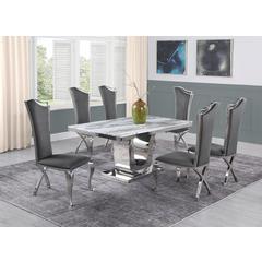 White Marble 7pc Set Highback Chairs in Dark Grey Velvet