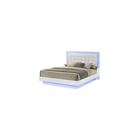White queen size bed with a plateform frame and adjustable LED lighting