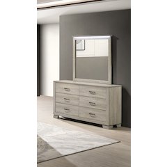 Greige Rustic Oak 6-Drawers Dresser with Mirror