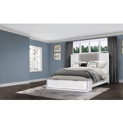 Eastern King Whiter Platform Bed Frame with LED on Headboard and Footboard.