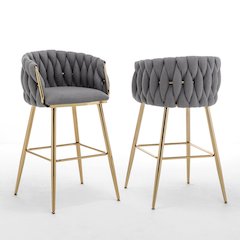 Best Quality Furniure Dark Grey Boucle Fabric With Gold Base Barstools, Set Of 2
