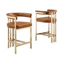 Toffee Leather-Aire Fabric Counterheight with Gold Matte Chrome Base (Set of 2)