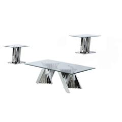 Glass Coffee Table Sets: Coffee Table and 2 End Tables with Stainless Steel Base