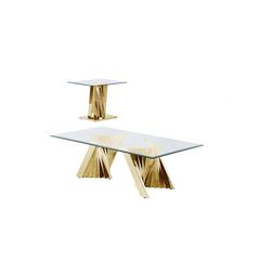 Glass Coffee Table Sets: Coffee Table and End Table with Stainless Steel Gold Base