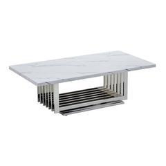 White marble top coffee table with a silver color stainless steel base