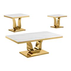 3pc white marble coffee set with a gold color base (Coffee + 2 End table)