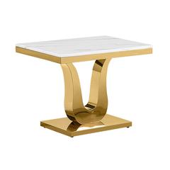 White marble end table with a gold color stainless steel base