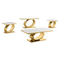 4pc White marble coffee table set with gold color base